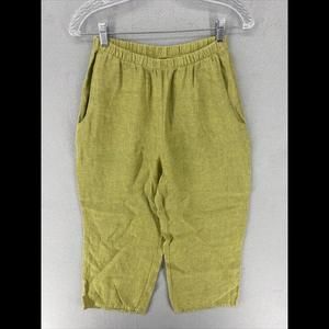 Flax Capri Pants Size P Yellow 100% Linen Relaxed Knit Wide Leg Lagenlook